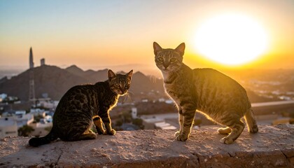Two cats sitting on a wall at sunset with a scenic view.