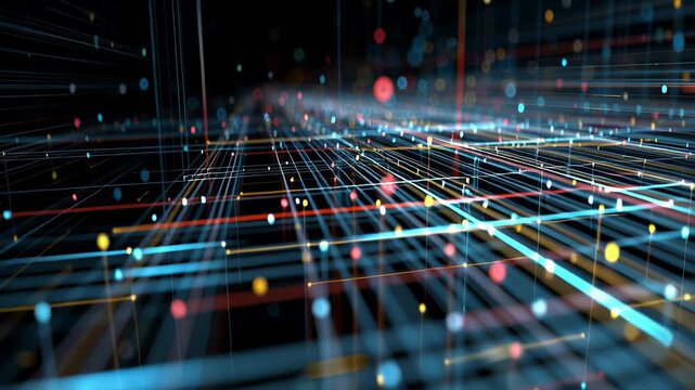A cityscape with many lines and dots. colorful. Macro shot digital commerce flows thin vector lines threading through micro architectural grid, digital city ecosystem