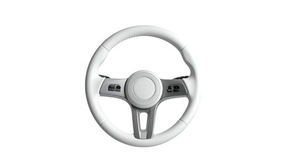 Top-down, isolated view of a modern steering wheel. White, leather-like rim surrounds a grey, multi-buttoned central hub with a silver trim