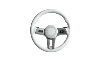 Top-down, isolated view of a modern steering wheel. White, leather-like rim surrounds a grey, multi-buttoned central hub with a silver trim
