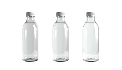 Three transparent plastic bottles, filled with clear liquid and silver caps, arranged symmetrically on a dark background