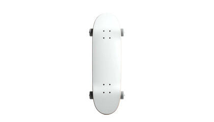 Top-down view of a plain white skateboard against a stark black background. It is centered and ready to use