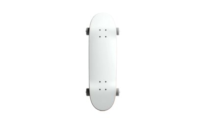 Top-down view of a plain white skateboard against a stark black background. It is centered and ready to use