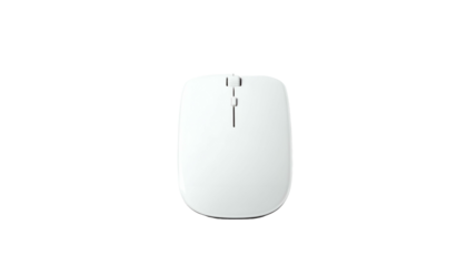 Top-down view of a wireless, white computer pointing device against a stark black background. It has a click wheel and two buttons