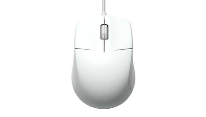 Top-down view of a white, ergonomic computer mouse with a central scroll wheel and connected cable. Its smooth surface suggests precision