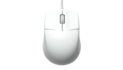 Top-down view of a white, ergonomic computer mouse with a central scroll wheel and connected cable. Its smooth surface suggests precision