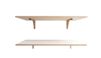 Two floating shelves are displayed against a black background. Each features a light-colored wooden frame with a contrasting white surface