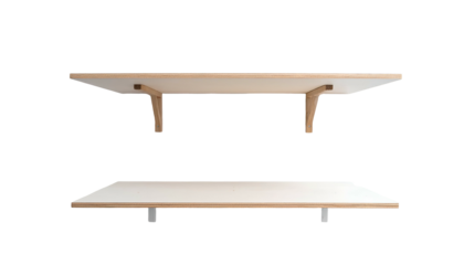 Two floating shelves are displayed against a black background. Each features a light-colored wooden frame with a contrasting white surface