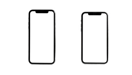 Two rectangular handheld devices are positioned side-by-side, each with a dark, featureless screen against a black background
