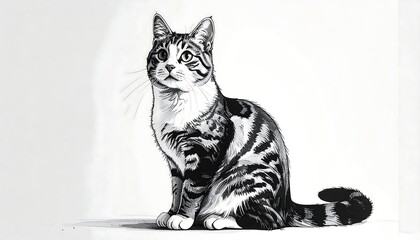 Detailed Vintage Illustration of a Tabby Cat Sitting Gracefully.