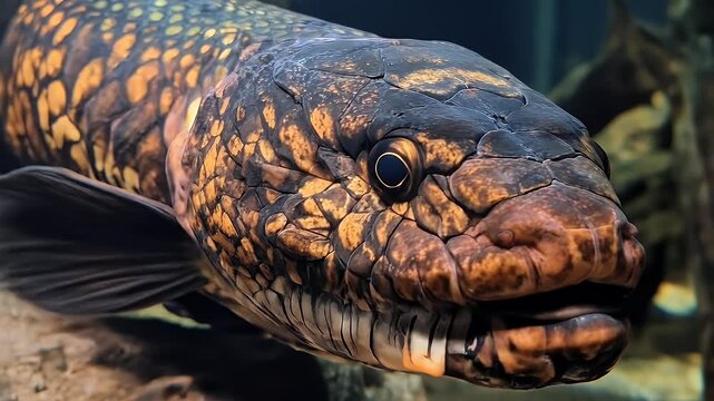 Close-up of a snakehead fish showing its patterned scales and dark eye