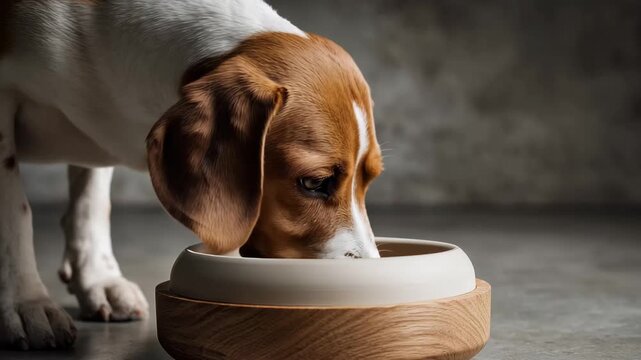 A dog happily eating from a bowl with a wooden base, focused on its meal.