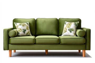 Fototapeta premium Green velvet sofa with tropical leaf pillows