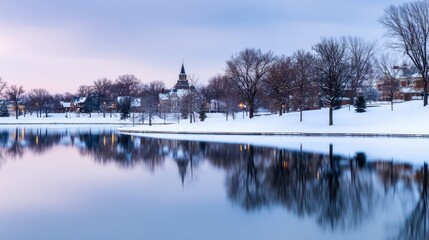 Obraz premium Snowy lakeside scenic with calm water, bare trees, distant buildings, and a pale pastel sky at dusk, mirrored!