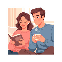 Fototapeta premium Cozy Reading Session, Couple, Living Room, Illustration, Indoor, Eye-Level, Warm Atmosphere