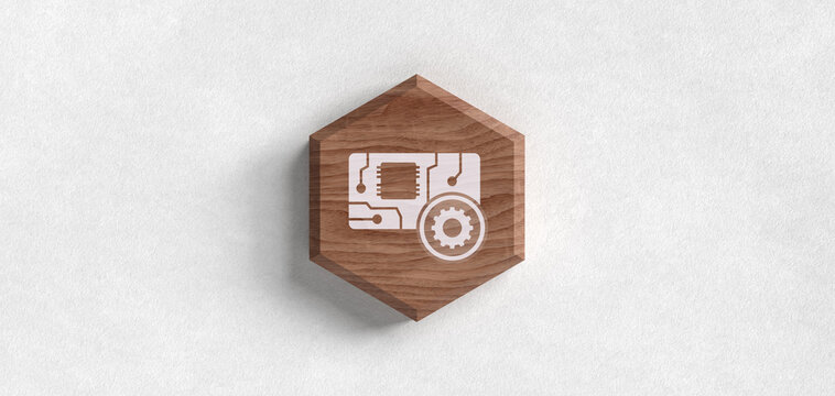 Einstellungen Elektronik Leiterplatte Header Icon Holzoptik Grafik Symbol f&uuml;r Hardware Entwicklung und IT Technologie