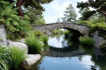 Fototapeta premium Stone bridge spanning tranquil pond in Japanese garden