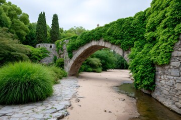 Stone arch bridge with ivy over dry riverbed