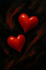 Two Red Hearts Floating on Dark Romantic Background