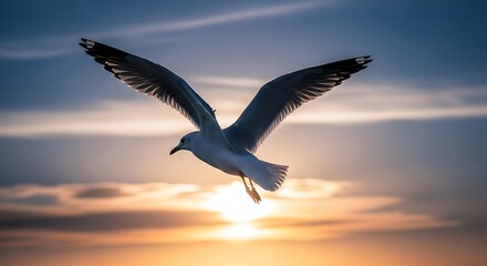 Solitary seabird soars gracefully against a dramatic evening sky.