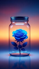 Blue Rose Preserved in Glass Jar at Sunset