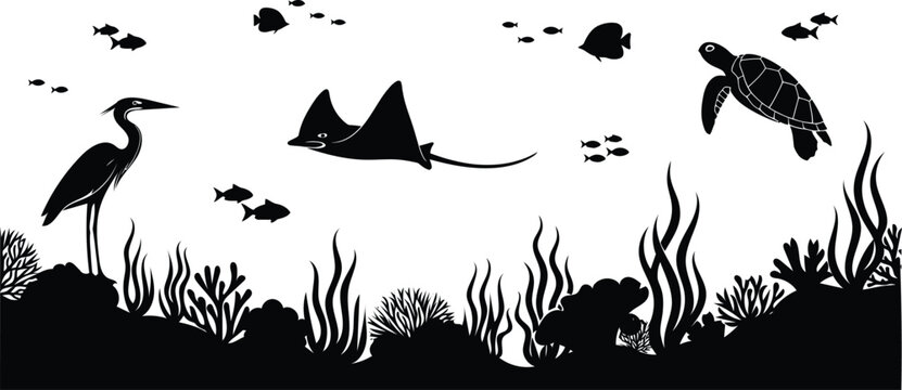 Ocean Ecosystem Black and White Silhouette