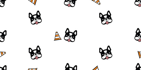 dog seamless pattern french bulldog cartoon doodle traffic cone funny puppy pet face gift wrapping paper tile background repeat wallpaper illustration animal