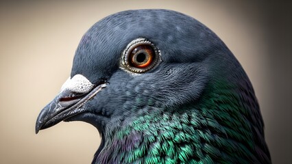 Close-up portrait of a common pigeon with iridescent neck feathers and intelligent eyes.