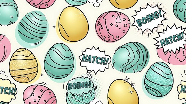 Whimsical Easter Eggs with Hatching and Boing Bubbles, Festive and Playful Pattern