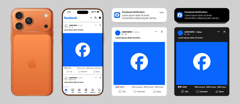 Facebook iOS App UI Carousel on Apple iPhone showcasing social feed, notifications, and post interactions
Facebook mobile carousel experience designed for Apple iPhone 17 Pro Max with modern UI