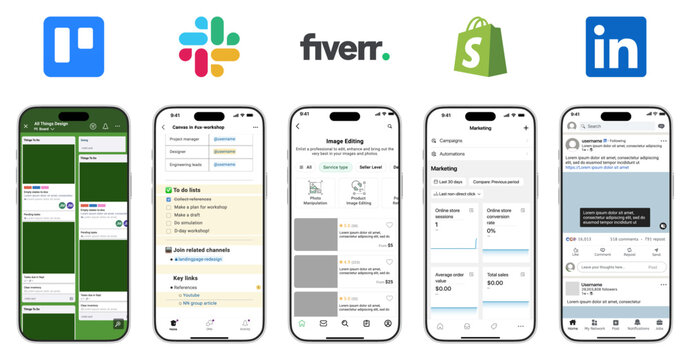 Freelance, E-commerce and Professional Platforms UI Carousel &ndash; Fiverr, Shopify, LinkedIn, Slack, Trello
Digital Business Platforms Experience for Online Services, Team Chat, Resume, Income and Work 