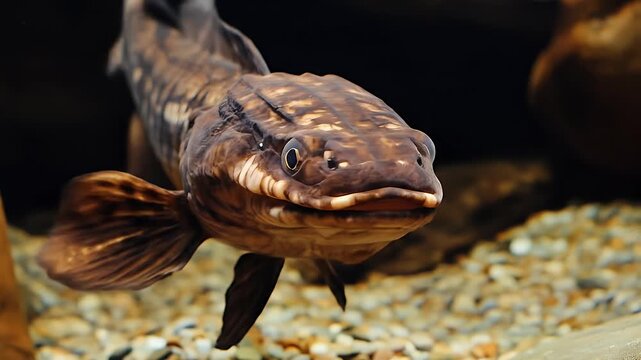 Brown fish swimming in clear water, head-on view