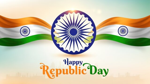 Vibrant illustration of Happy Republic Day with waving Indian flag colors and Ashoka Chakra, celebrating India's national holiday.