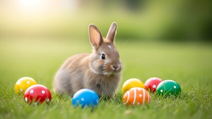 Fototapeta premium Cute fluffy rabbit sits amongst colorful patterned Easter eggs in a sunny spring meadow, symbolizing renewal and holiday joy