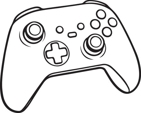 Black and white illustration of a modern video game controller outlined design