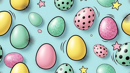 Vibrant Easter egg seamless pattern with playful polka dots and speckled textures on a pastel blue background, perfect for holiday greetings and festive designs