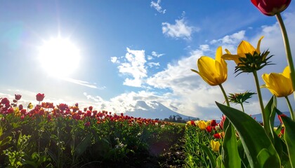 Vibrant Tulip Field Under Bright Sunny Sky with Distant Mountain.
