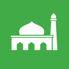 White Mosque Icon with Dome and Minaret on Green Background, Islamic Symbol