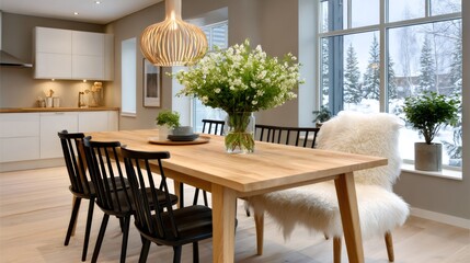 Obraz premium Scandinavian modern kitchen dining area with winter window view