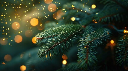 Close-up of evergreen tree branches with twinkling lights festive background, Christmas bokeh effect serene outdoor for holiday event designs and celebrations