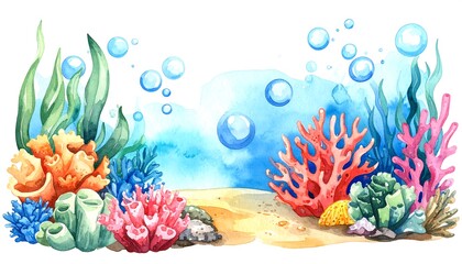 Vibrant Underwater Coral Reef Scene with Bubbles and Seaweed.