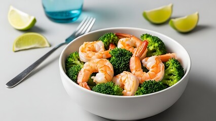 Healthyshrimpbroccolibowlwithlimewedges