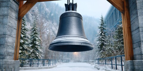 Large bell hanging in snowy mountain landscape