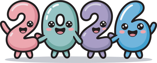 Fototapeta premium Cute cartoon numbers spelling year two thousand twenty six holding hands