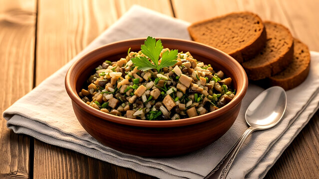Still life, rustic farmhouse. authentic Russian mushroom caviar spread, featuring finely chopped saut&eacute;ed wild mushrooms, onions, herbs, with a fresh parsley leaf 