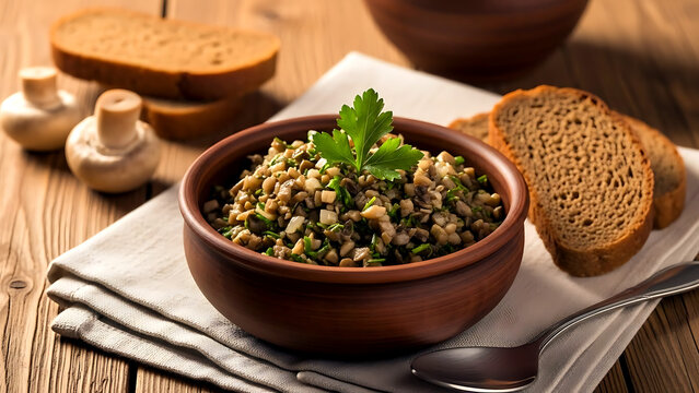 Still life, rustic farmhouse. authentic Russian mushroom caviar spread, featuring finely chopped saut&eacute;ed wild mushrooms, onions, herbs, with a fresh parsley leaf 
