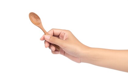 Hand Holding a Small Wooden Spoon Isolated on White Background.