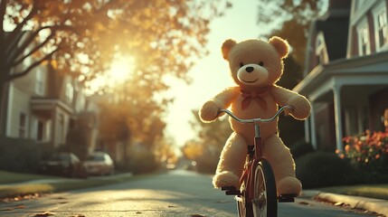 Teddy bear riding a bicycle in a sunny neighborhood