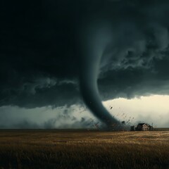 Extreme powerful tornado storm cloud funnel over golden field and rural house