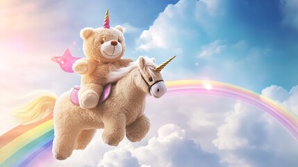 teddy bear riding a unicorn through a rainbow filled sky